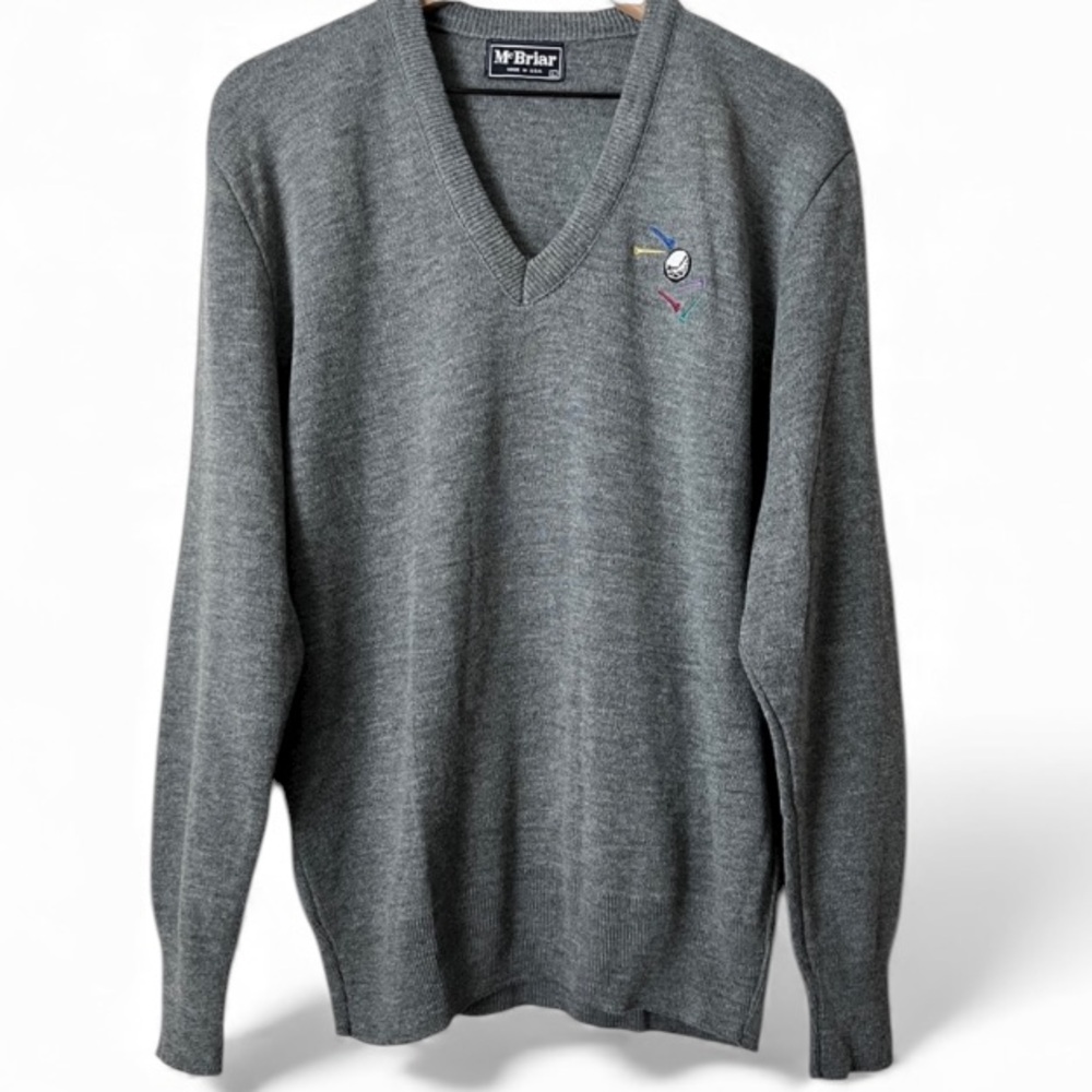 Vintage McBriar Golf Sweater V-Neck Pullover Gray Embroidered Unisex  L